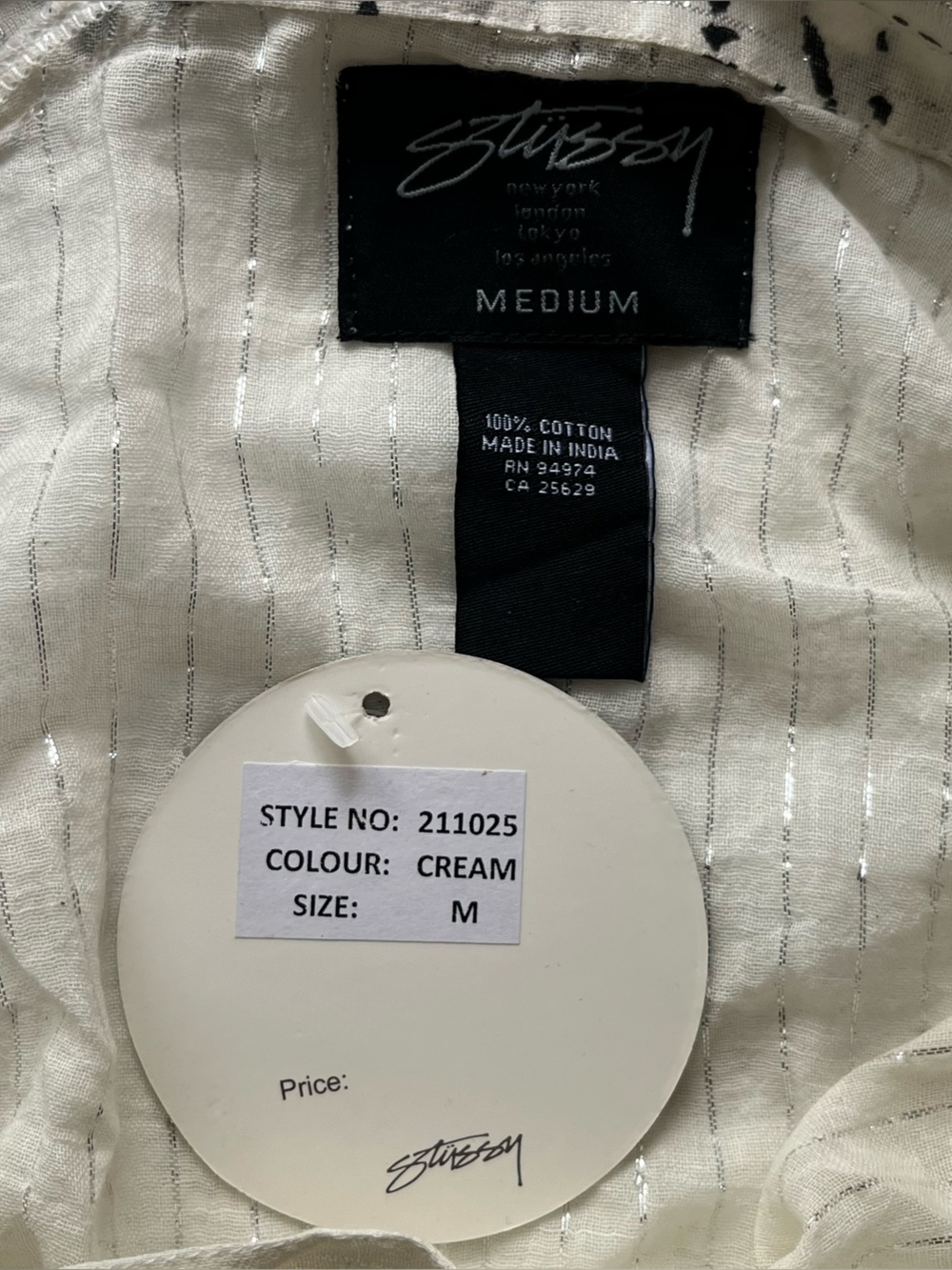 Stussy Button-Down Cotton Shirt Cream Silver Long Sleeve Size Medium Y2K NEW - Picture 6 of 6